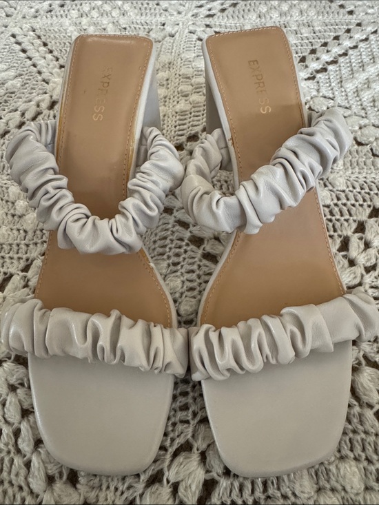 Express Shoes - Express Ruched-Strap Square-Toe Sandals in Light Beige